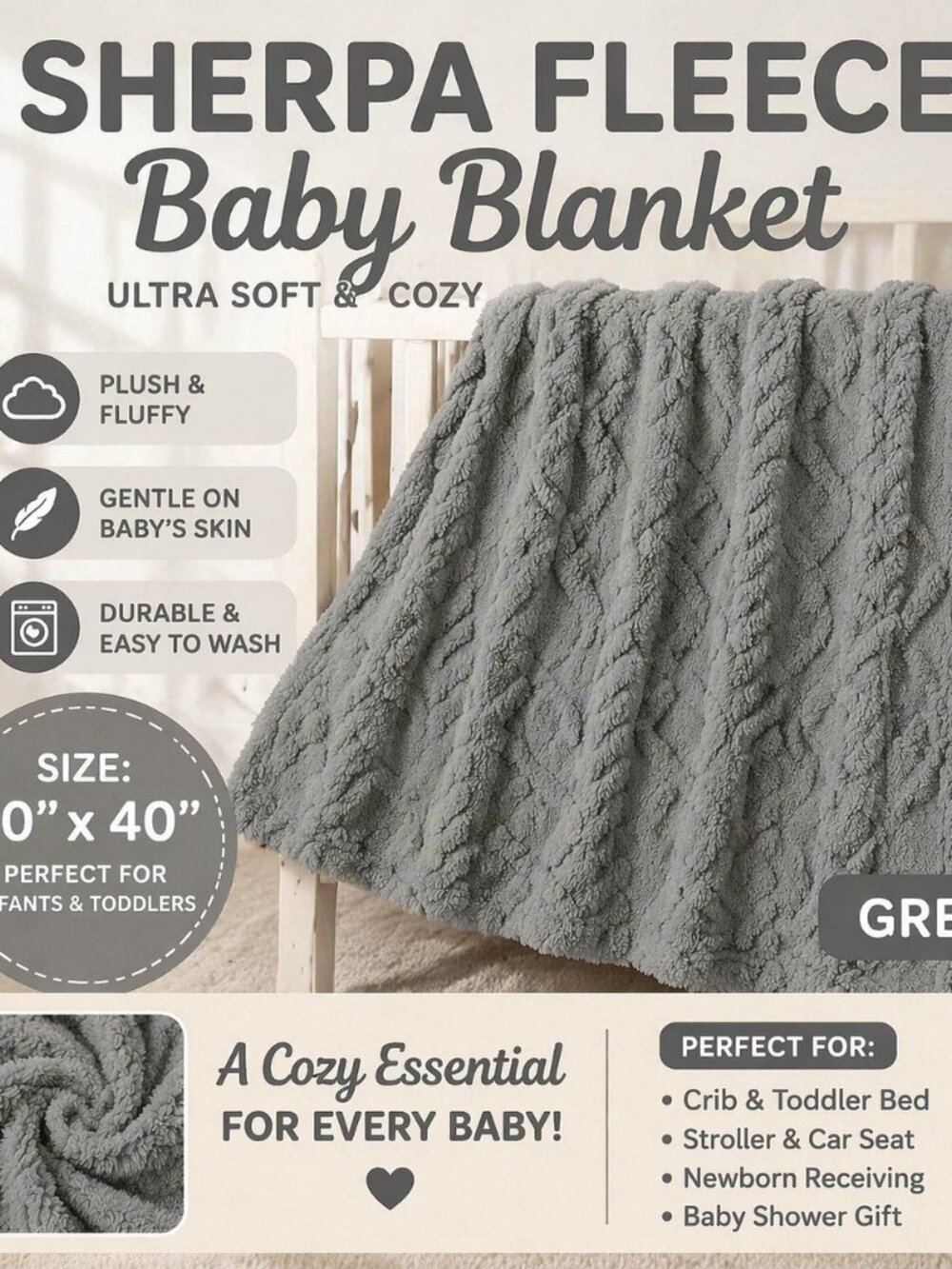 Sherpa Fleece Baby Blanket 30x40 Grey – Ultra Soft Plush Infant Toddler Blanket - Picture 5 of 5